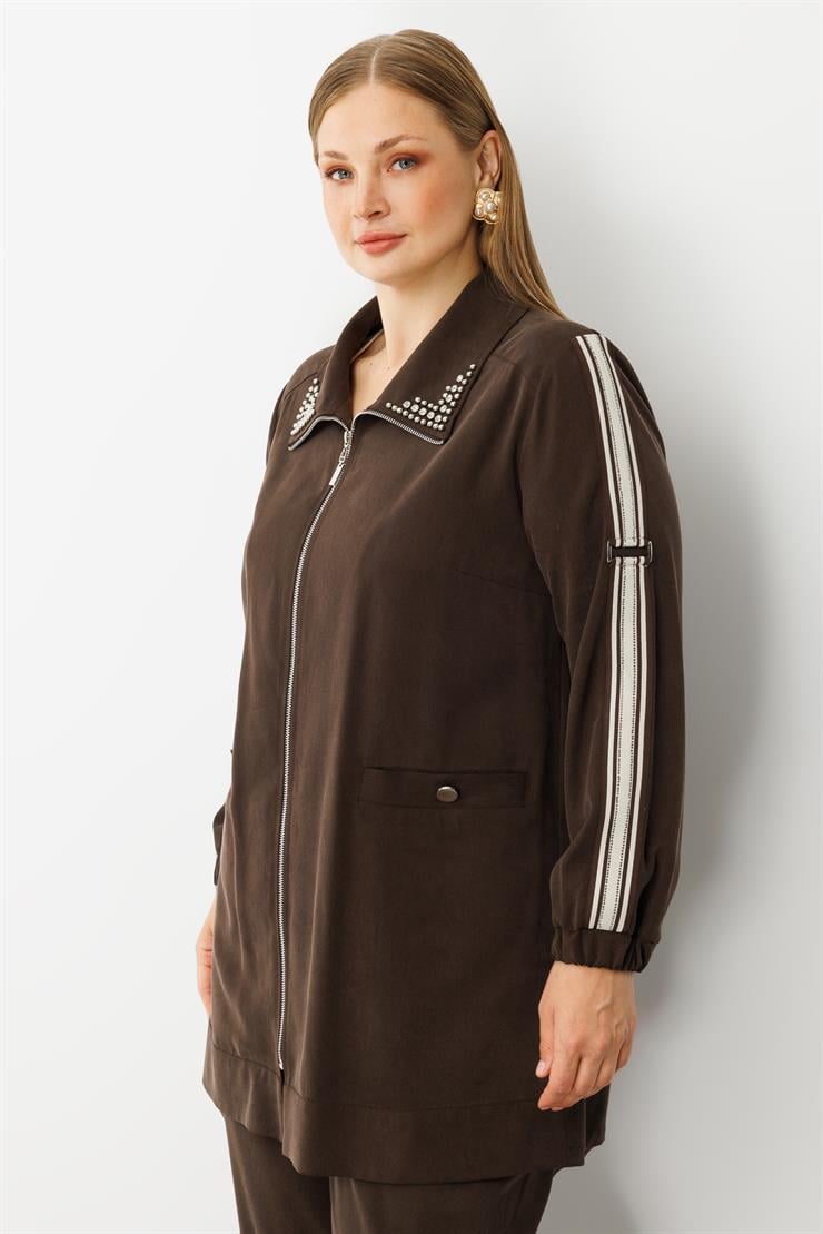 Modailgi  Kolları Ribana Detaylı Yakası İncili Tunik Takım Kahve