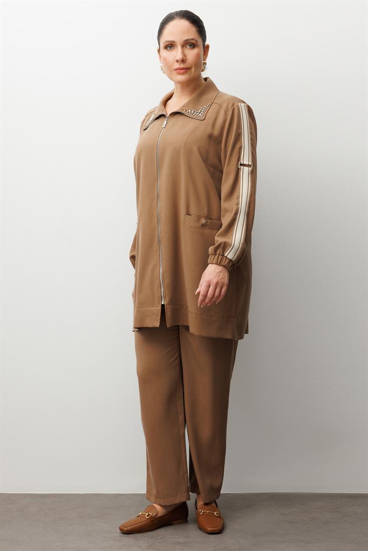 Modailgi  Kolları Ribana Detaylı Yakası İncili Tunik Takım Vizon