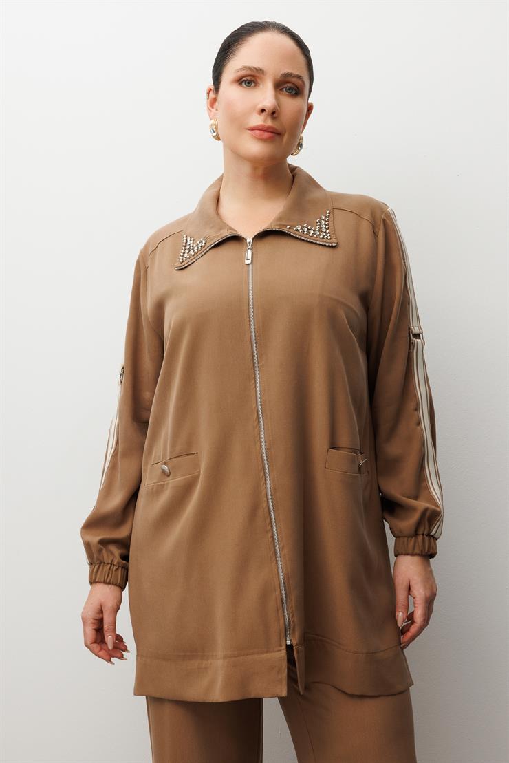 Modailgi  Kolları Ribana Detaylı Yakası İncili Tunik Takım Vizon