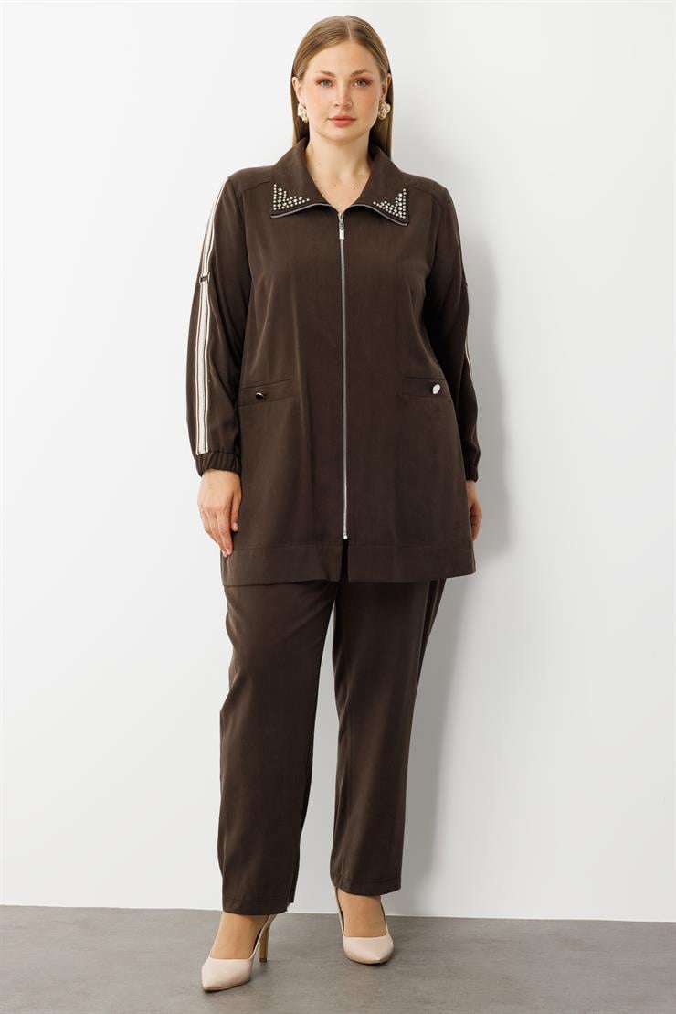 Modailgi  Kolları Ribana Detaylı Yakası İncili Tunik Takım Kahve