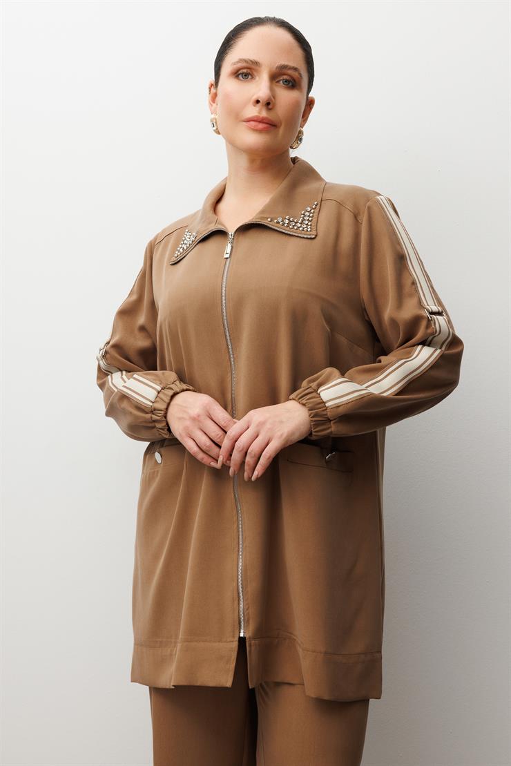 Modailgi  Kolları Ribana Detaylı Yakası İncili Tunik Takım Vizon