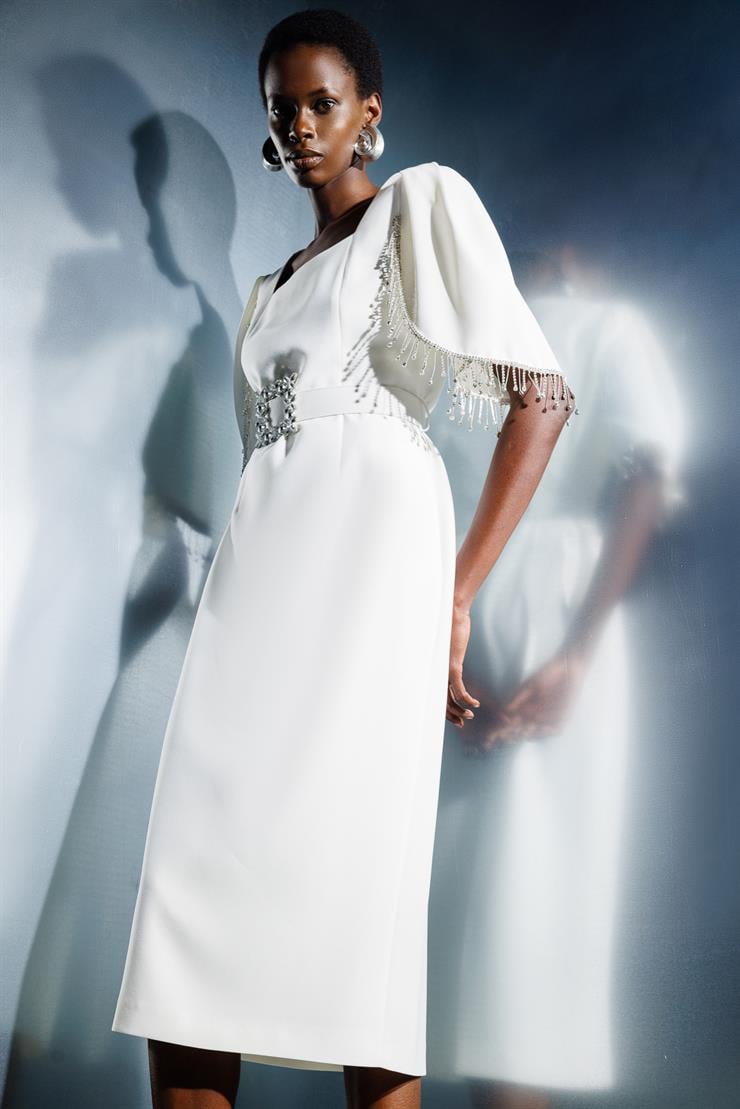 Modailgi  -*Kolları Şerit Aksesuarlı Elbise Ekru