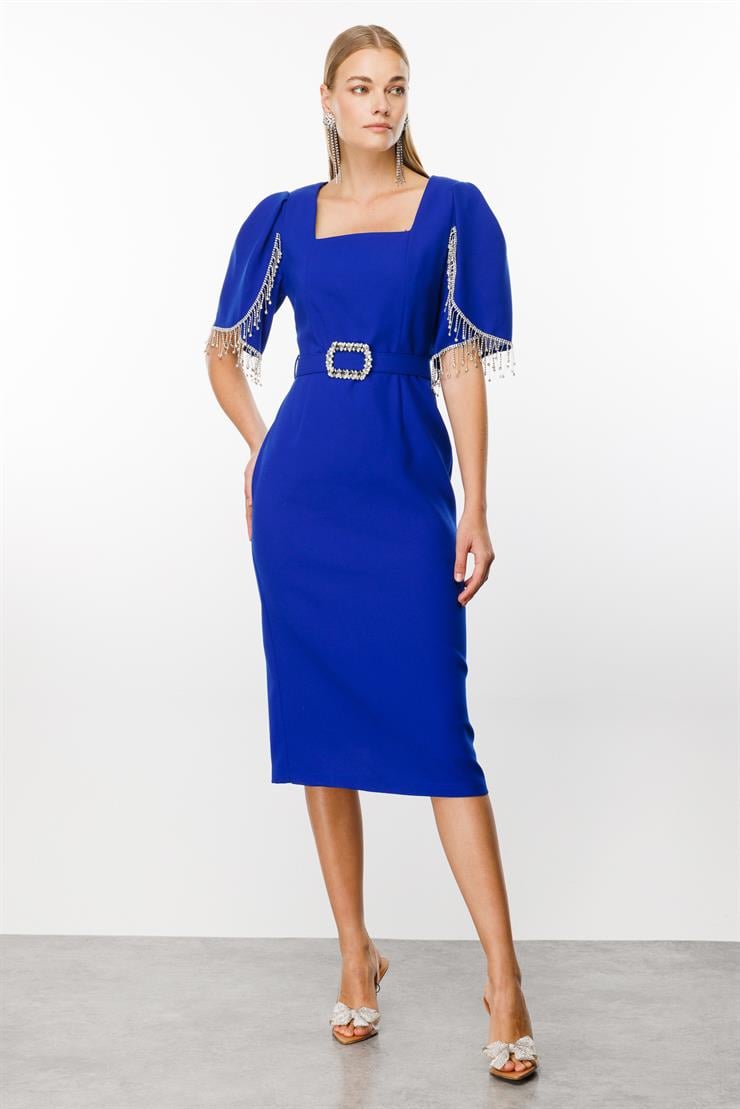 Modailgi  -*Kolları Şerit Aksesuarlı Elbise Saks