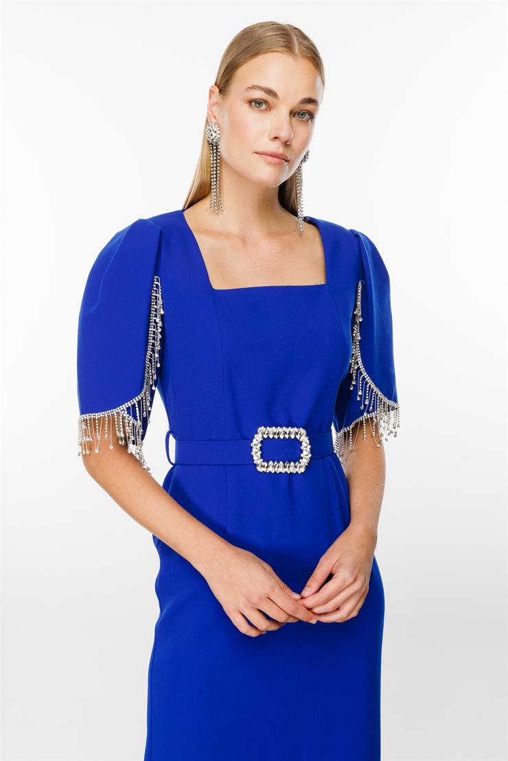 Modailgi  -*Kolları Şerit Aksesuarlı Elbise Saks