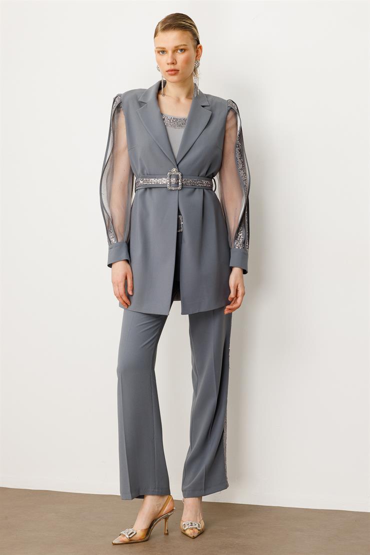 Modailgi  Kolları Şerit Pul Payet Atletli Ceket Gümüş