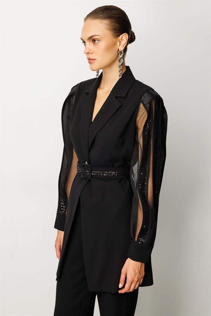 Modailgi  Kolları Şerit Pul Payet Atletli Ceket Siyah