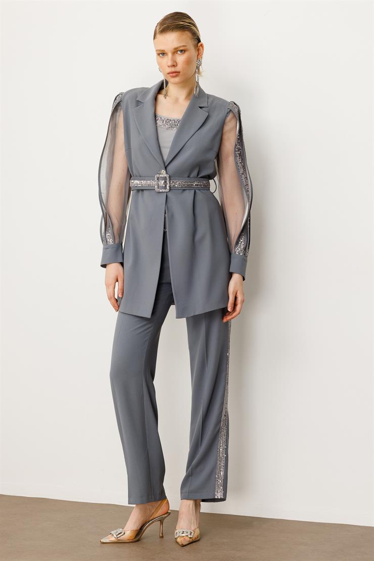 Modailgi  Kolları Şerit Pul Payet Atletli Ceket Gümüş