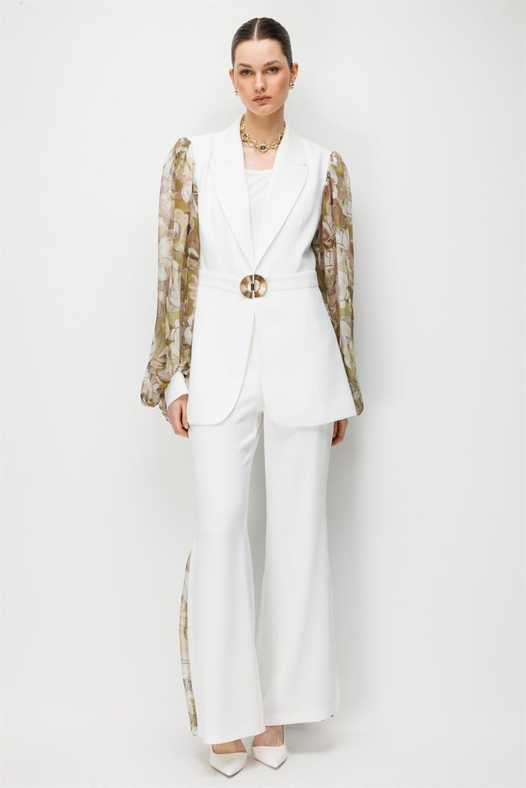 Modailgi  Kolları Şifon Beli Kemer Tokalı Ceket - 45046 Ekru