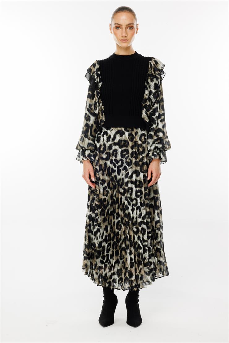 Modailgi  Kolları Şifon Leopar Desen Triko Bluz Haki