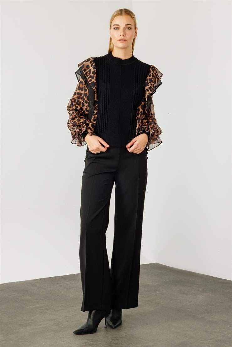 Modailgi  Kolları Şifon Leopar Desen Triko Bluz Vizon