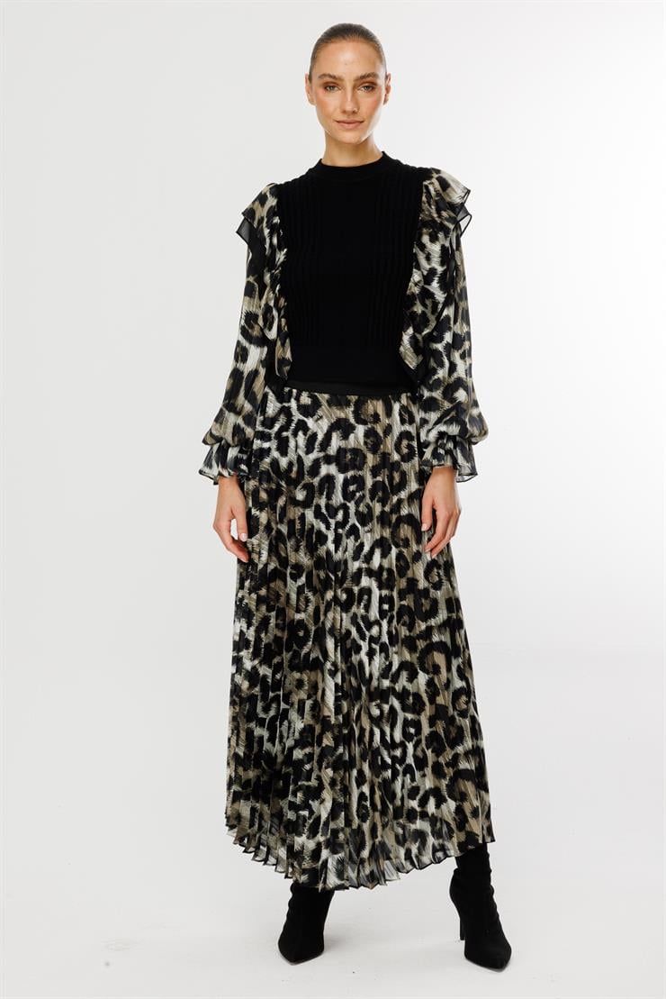 Modailgi  Kolları Şifon Leopar Desen Triko Bluz Haki