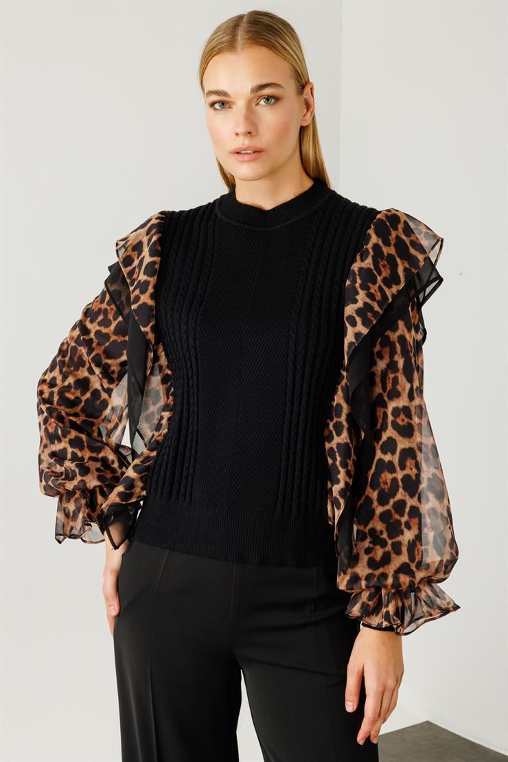 Modailgi  Kolları Şifon Leopar Desen Triko Bluz Vizon