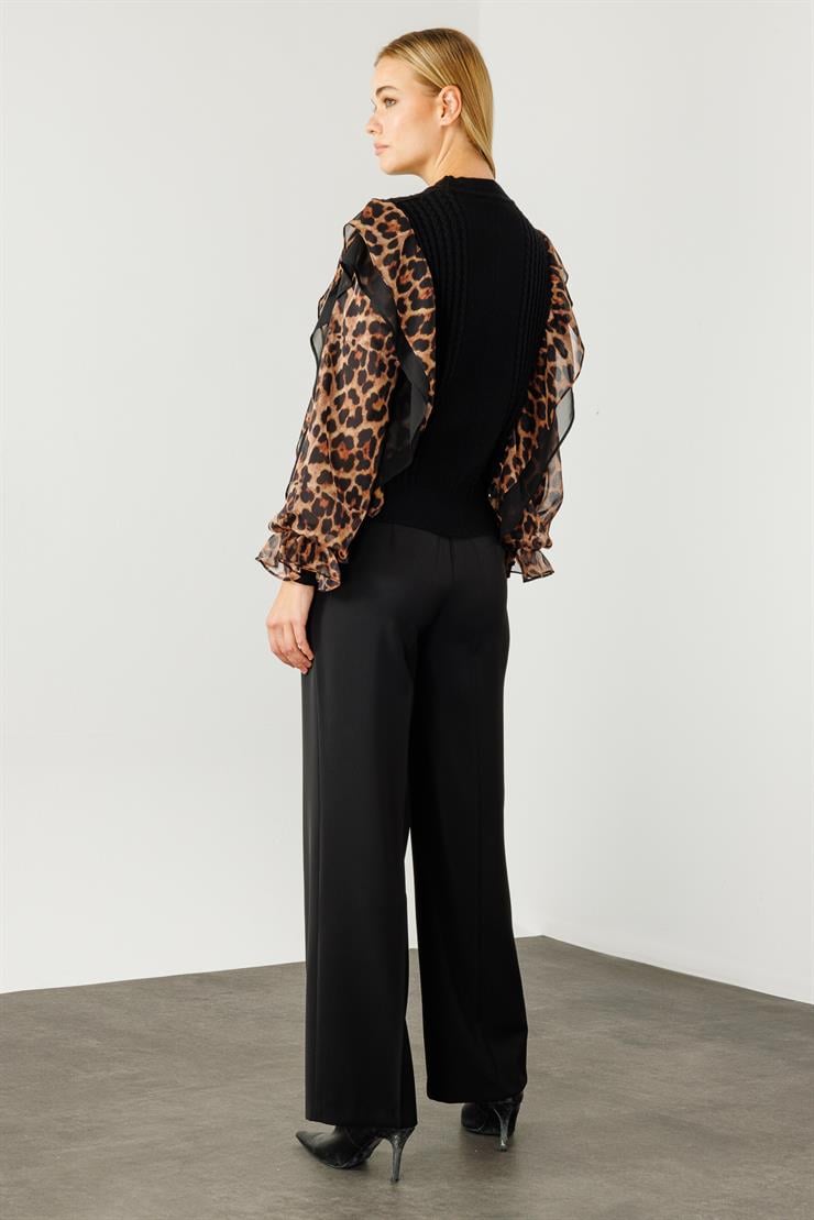 Modailgi  Kolları Şifon Leopar Desen Triko Bluz Vizon