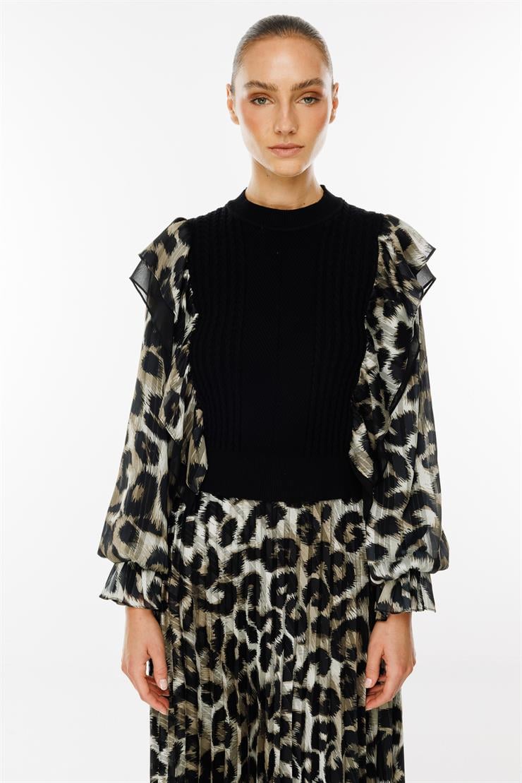 Modailgi  Kolları Şifon Leopar Desen Triko Bluz Haki