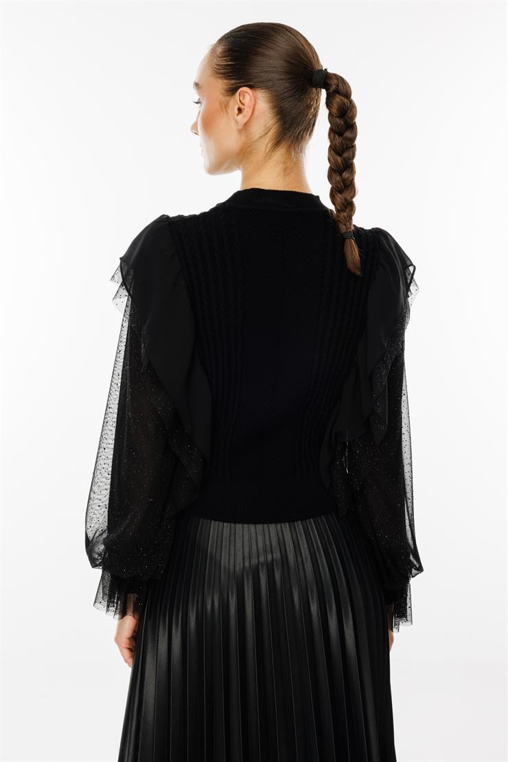 Modailgi  Kolları Şifon Tüllü Triko Bluz Siyah