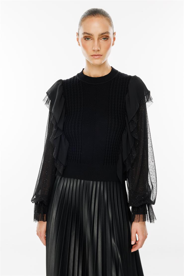 Modailgi  Kolları Şifon Tüllü Triko Bluz Siyah