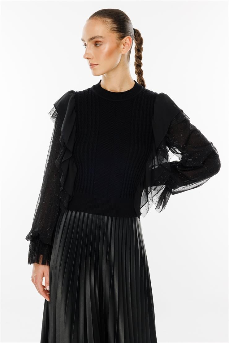 Modailgi  Kolları Şifon Tüllü Triko Bluz Siyah