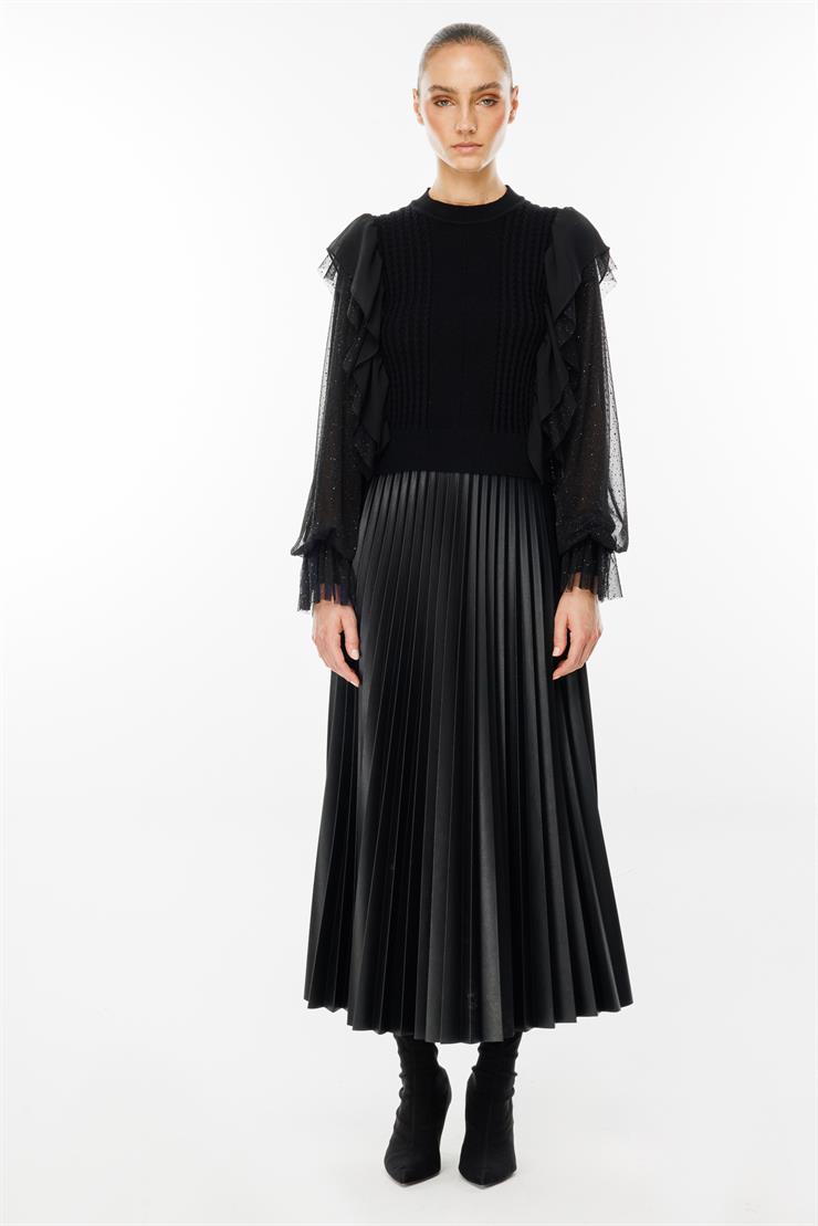 Modailgi  Kolları Şifon Tüllü Triko Bluz Siyah