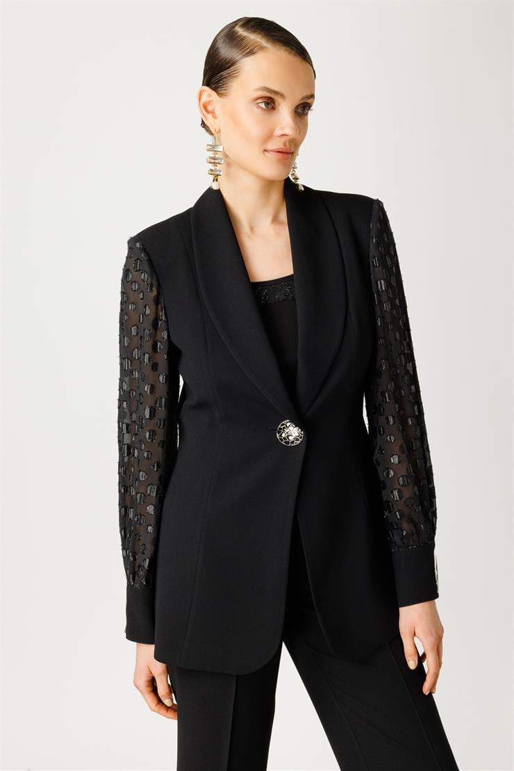Modailgi  Kolları Simli Puan Jakarlı Ceket Siyah