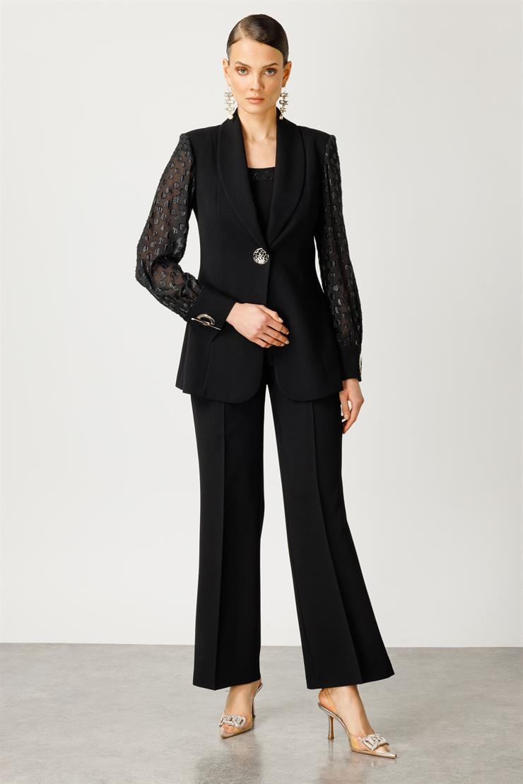 Modailgi  Kolları Simli Puan Jakarlı Ceket Siyah