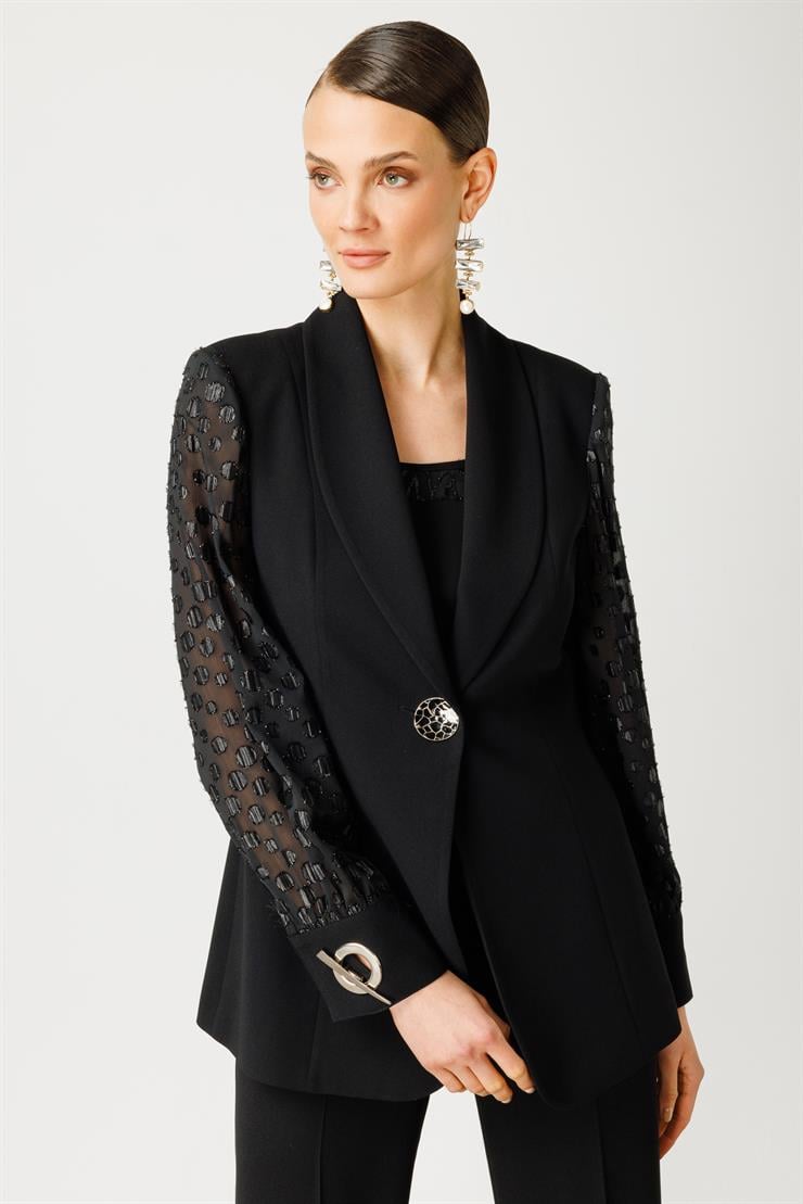 Modailgi  Kolları Simli Puan Jakarlı Ceket Siyah