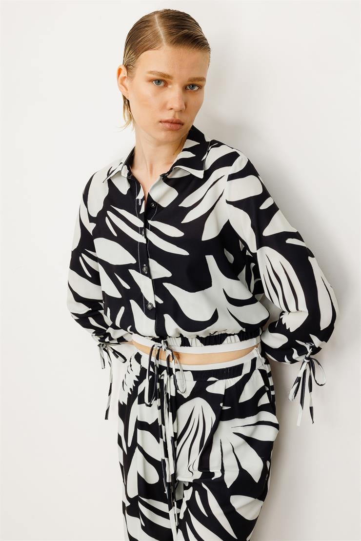 Modailgi  Kolları ve Etek Ucu Bağlama Detaylı Etek Altı Lastikli Gömlek Siyah