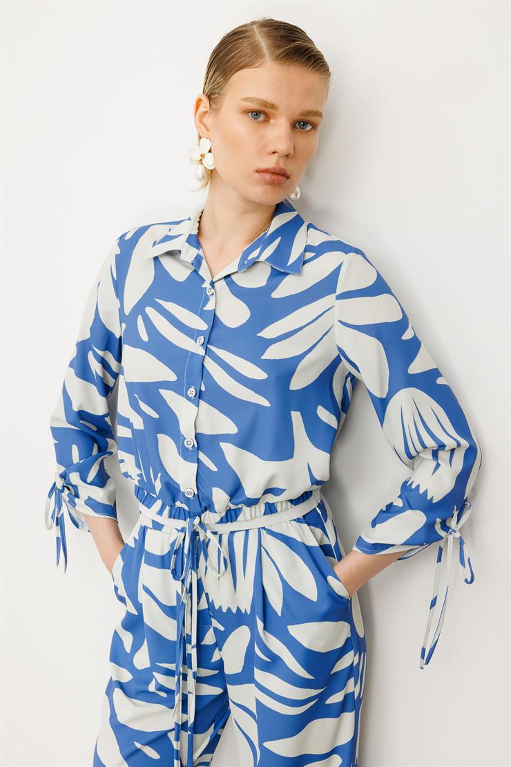 Modailgi  Kolları ve Etek Ucu Bağlama Detaylı Etek Altı Lastikli Gömlek İndigo