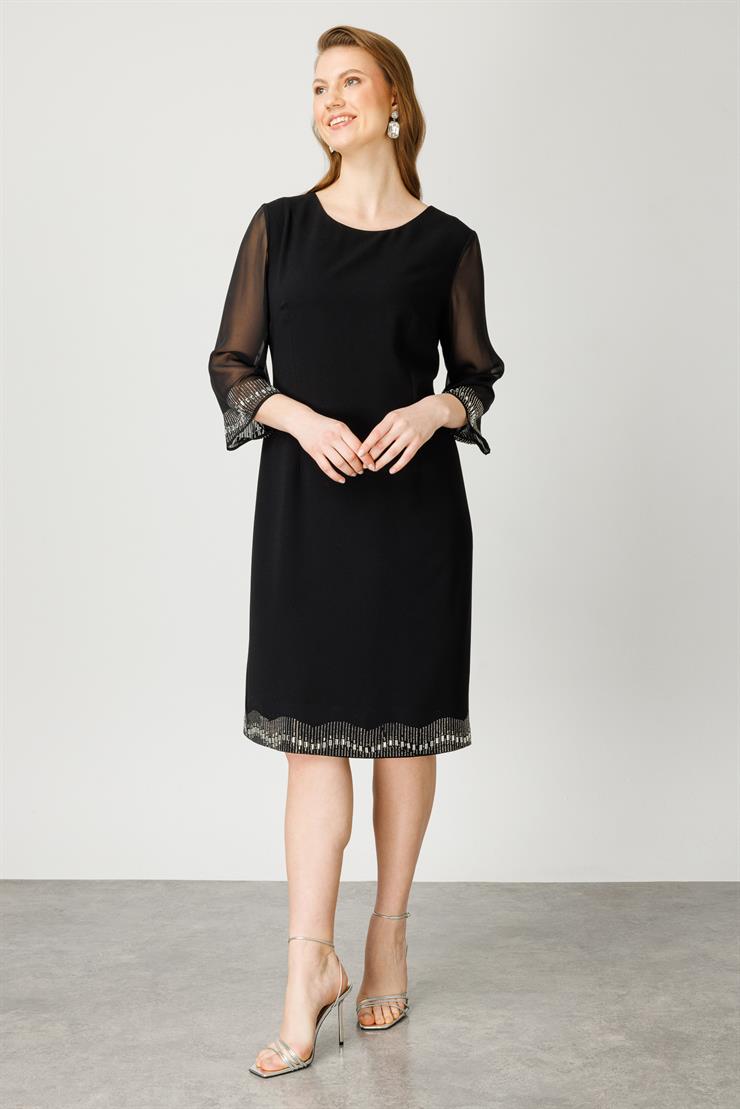 Modailgi  Kolları ve Etek Ucu Taşlı Elbise Siyah