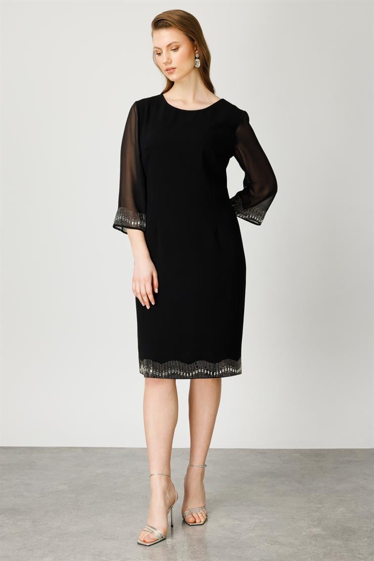 Modailgi  Kolları ve Etek Ucu Taşlı Elbise Siyah