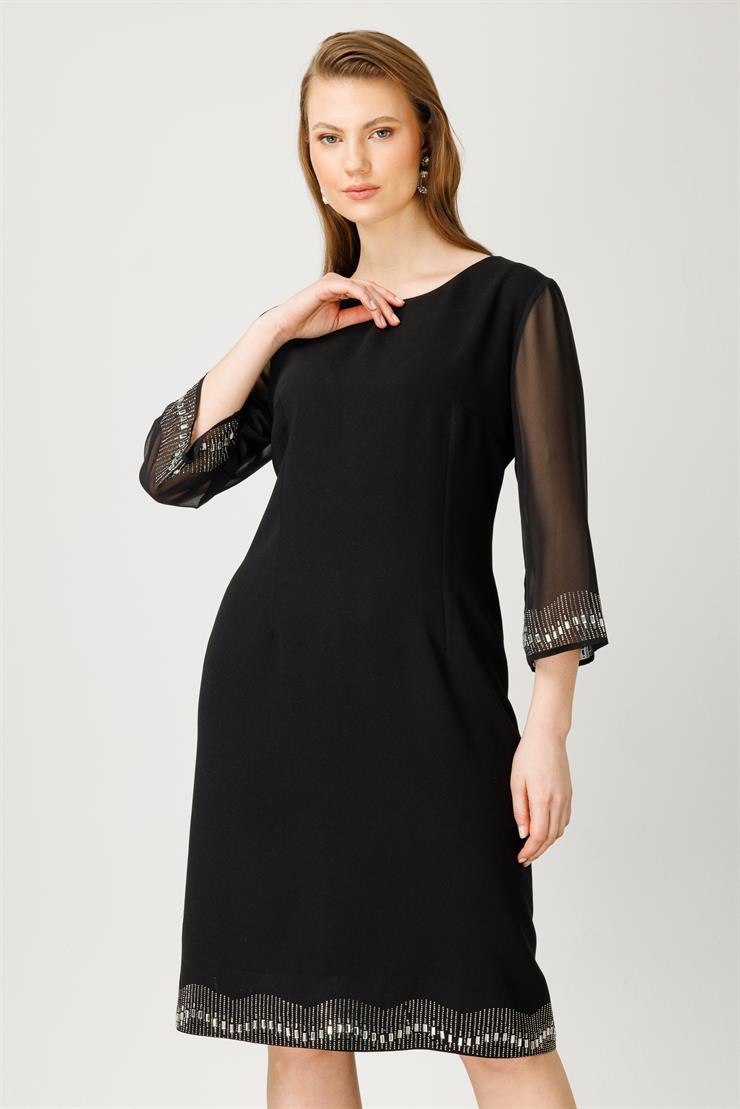 Modailgi  Kolları ve Etek Ucu Taşlı Elbise Siyah