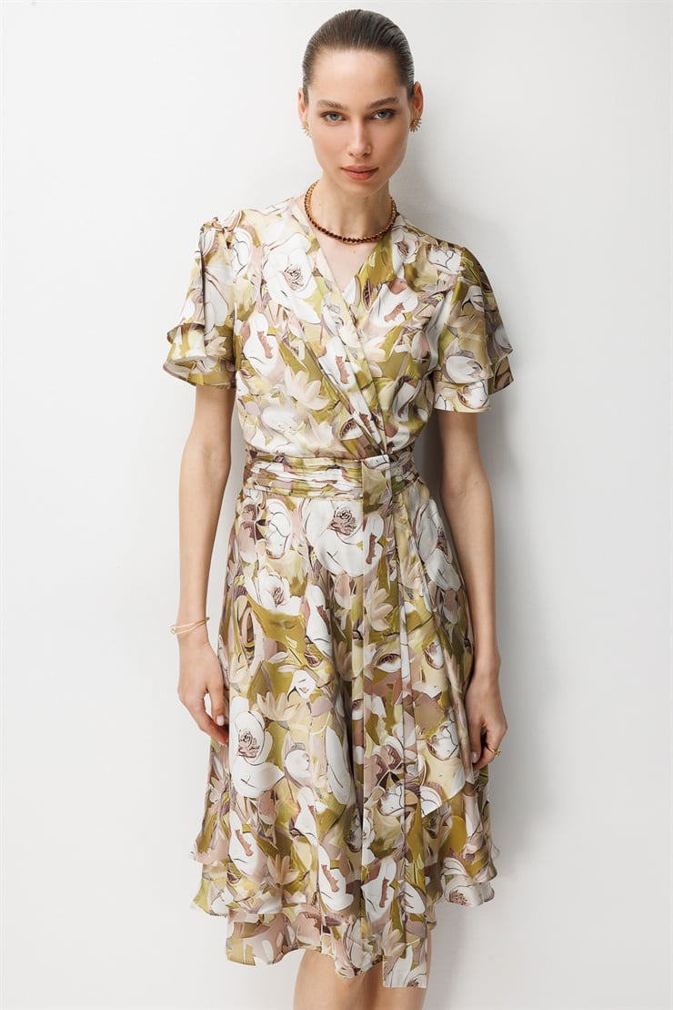 Modailgi  Kolları Volan Belde Kraş Detaylı Kruvaze Elbise Asit