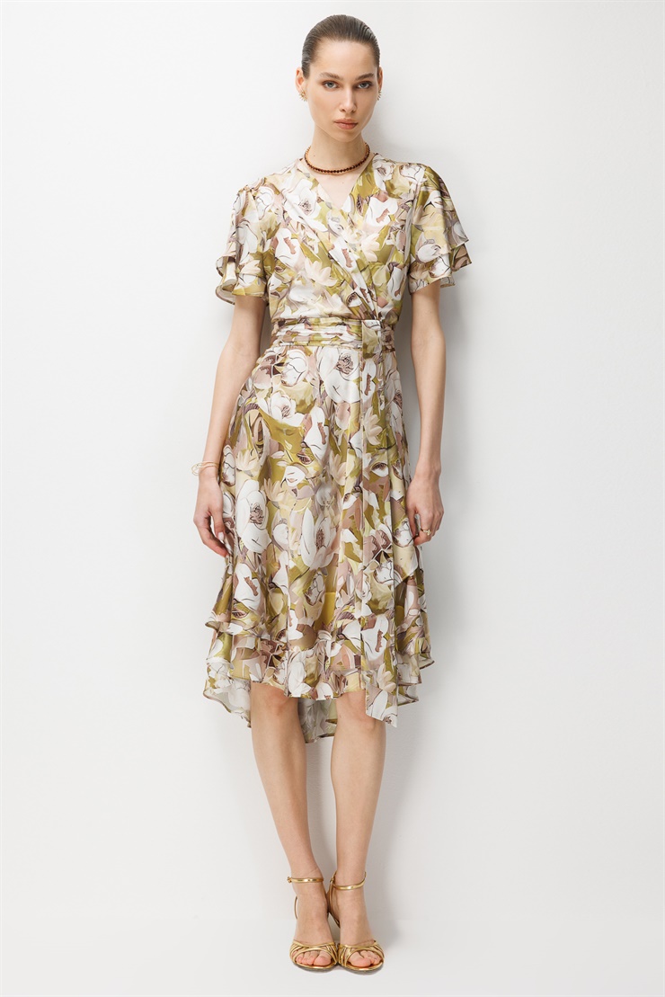 Modailgi  Kolları Volan Belde Kraş Detaylı Kruvaze Elbise Asit