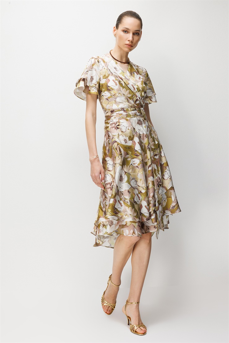 Modailgi  Kolları Volan Belde Kraş Detaylı Kruvaze Elbise Asit