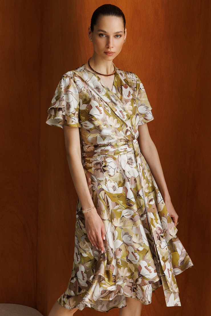 Modailgi  Kolları Volan Belde Kraş Detaylı Kruvaze Elbise Asit