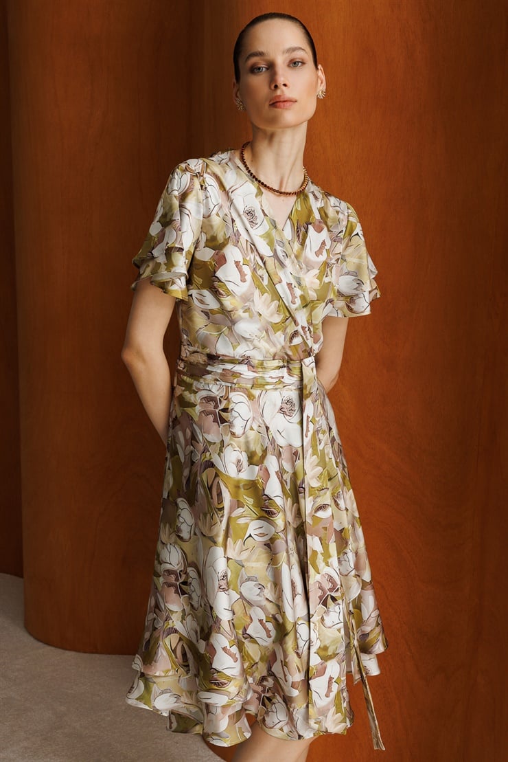 Modailgi  Kolları Volan Belde Kraş Detaylı Kruvaze Elbise Asit