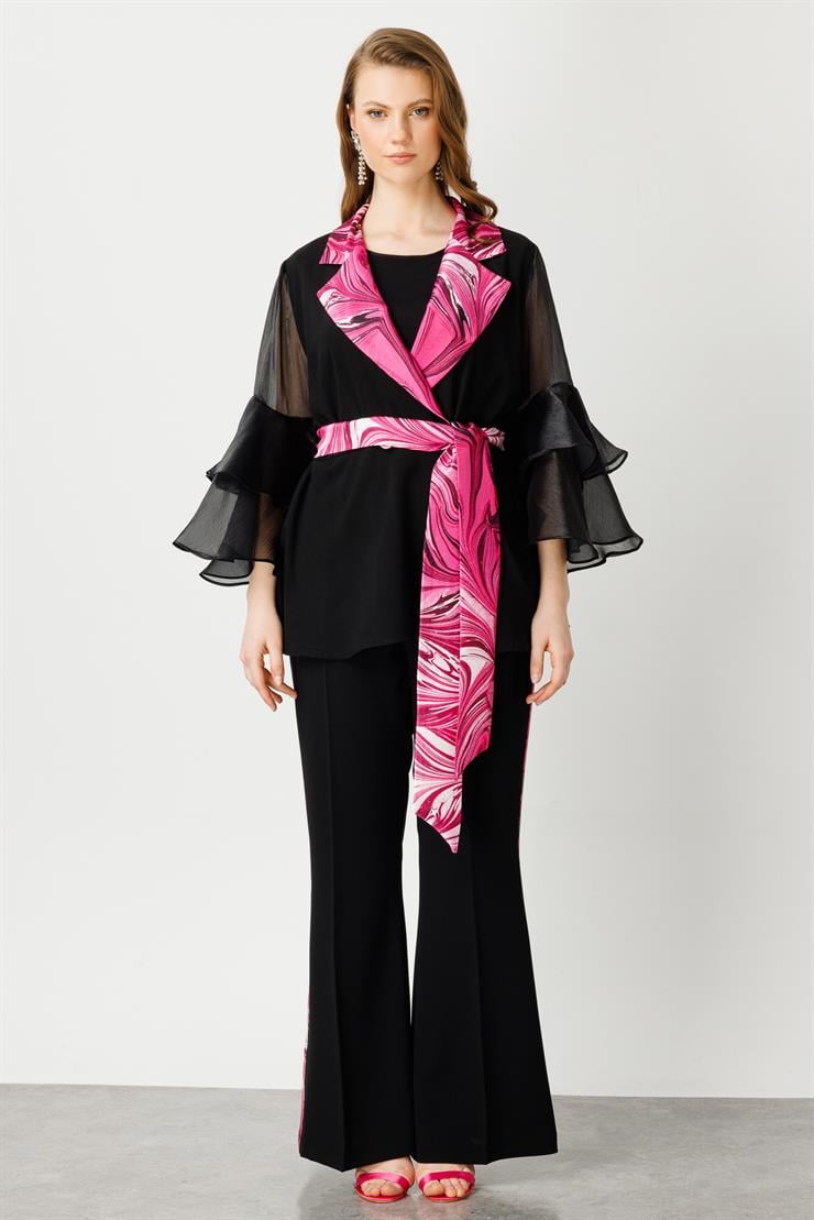 Modailgi  Kolları Volanlı Yakası Desenli Ceket Fuşya