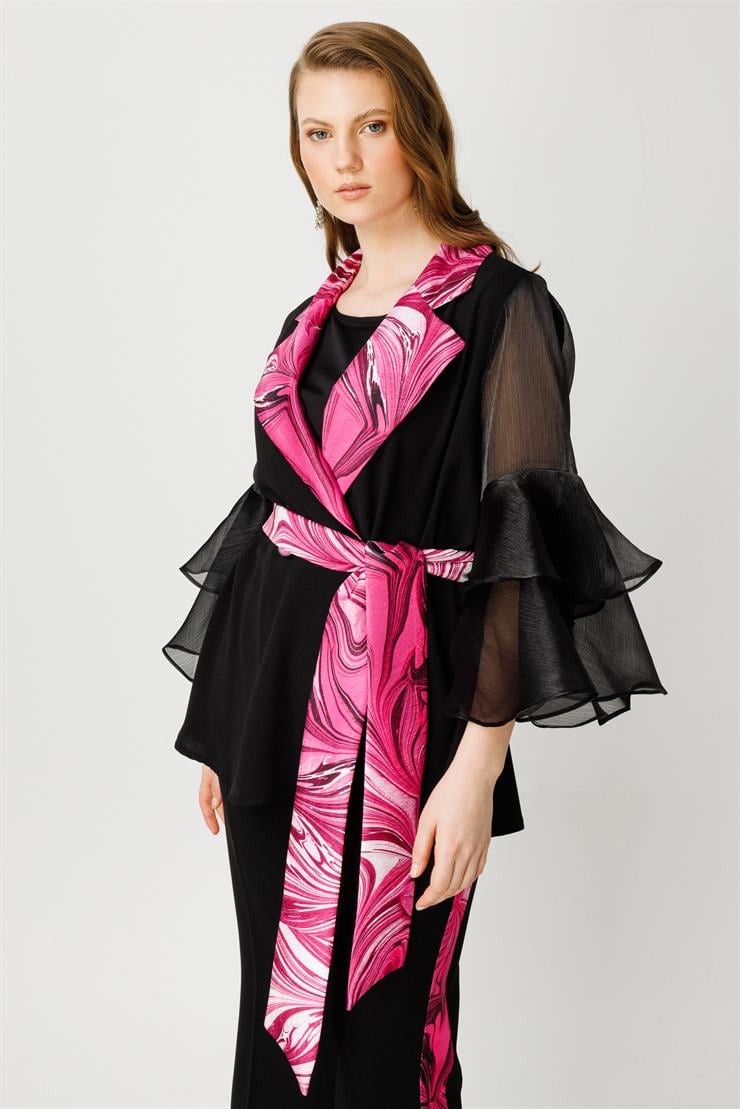 Modailgi  Kolları Volanlı Yakası Desenli Ceket Fuşya