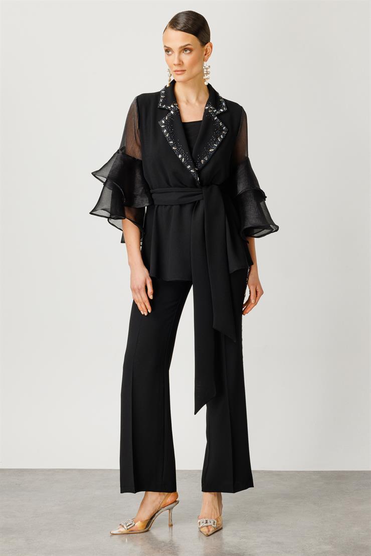 Modailgi  Kolları Volanlı Yakası Taşlı Ceket Siyah