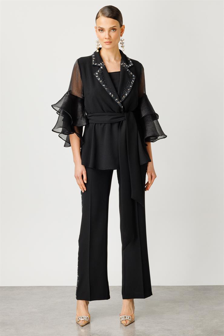 Modailgi  Kolları Volanlı Yakası Taşlı Ceket Siyah