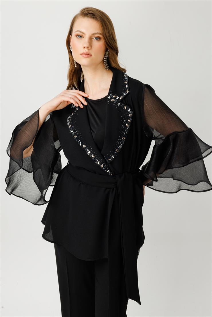 Modailgi  Kolları Volanlı Yakası Taşlı Ceket Siyah