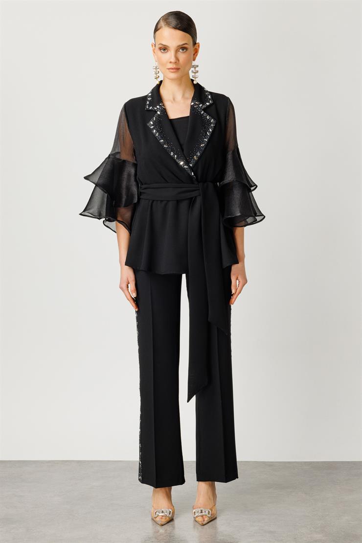 Modailgi  Kolları Volanlı Yakası Taşlı Ceket Siyah