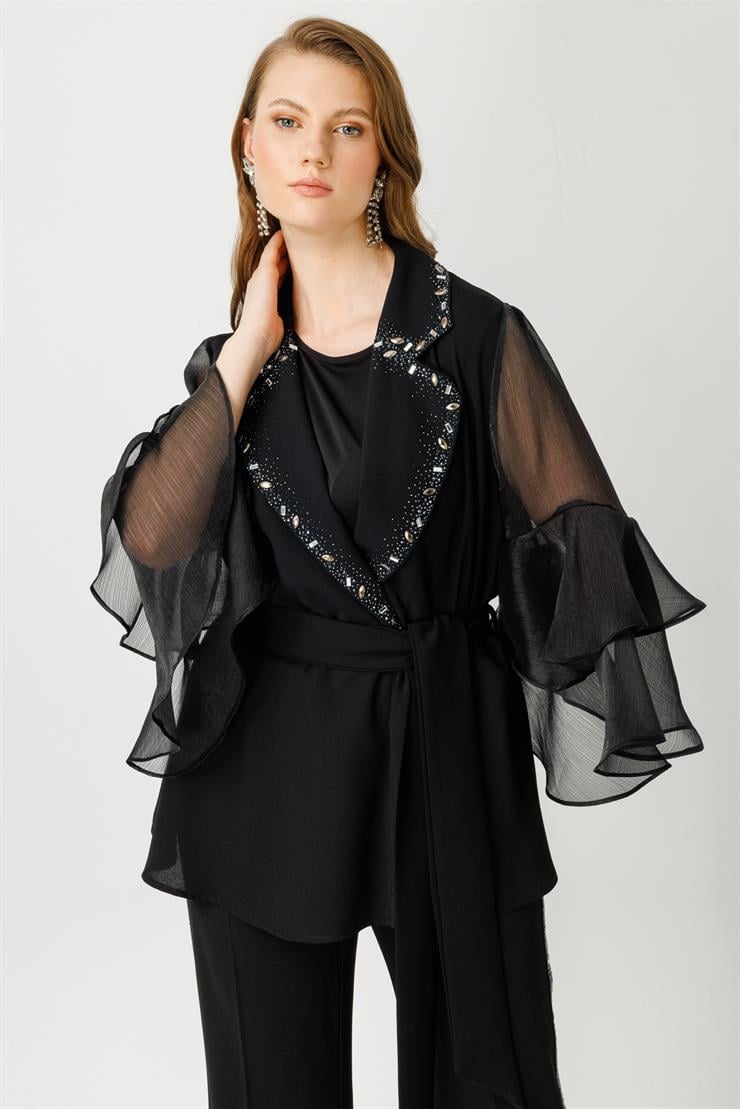 Modailgi  Kolları Volanlı Yakası Taşlı Ceket Siyah