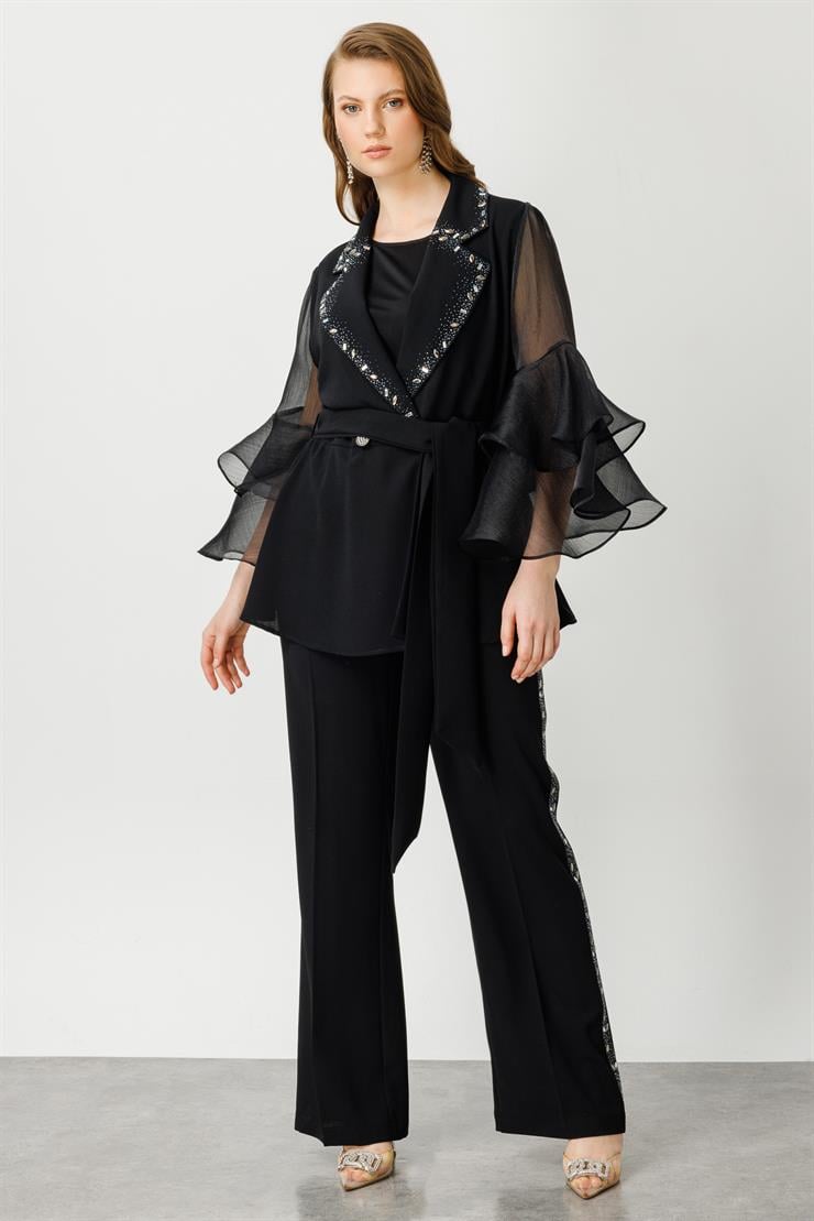 Modailgi  Kolları Volanlı Yakası Taşlı Ceket Siyah