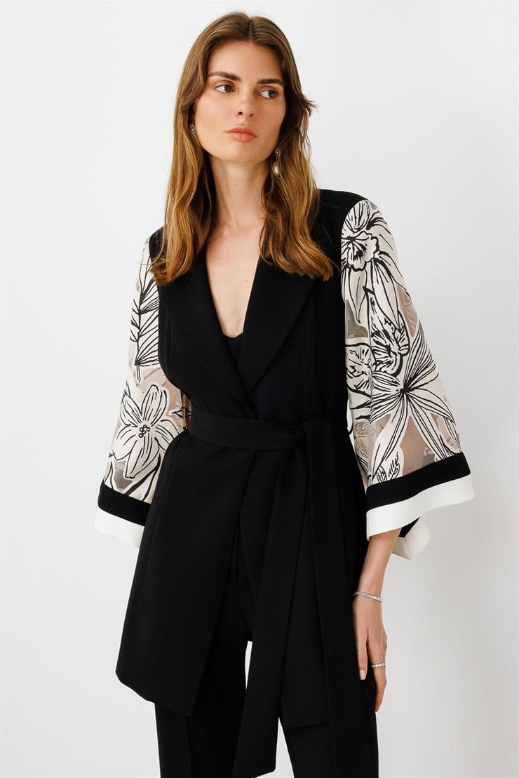 Modailgi  Kolları Yakma Çiçek Desenli Uzun Ceket Siyah