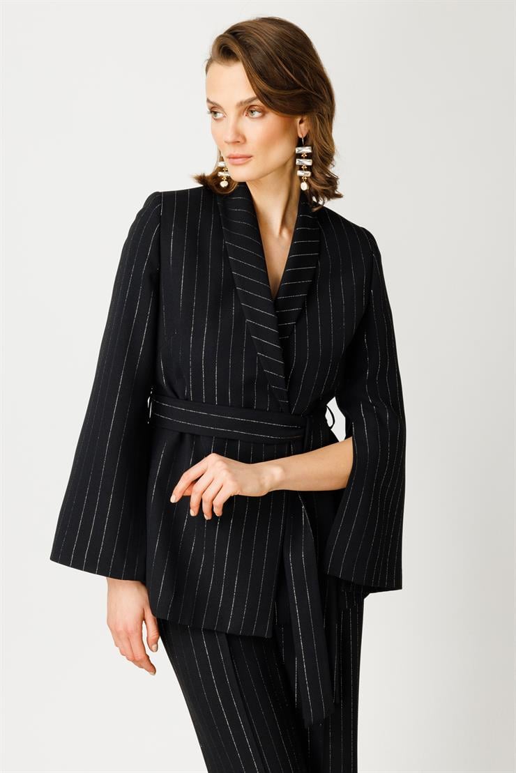 Modailgi  Kolları Yırtmaçlı Simli Çizgili Ceket Siyah