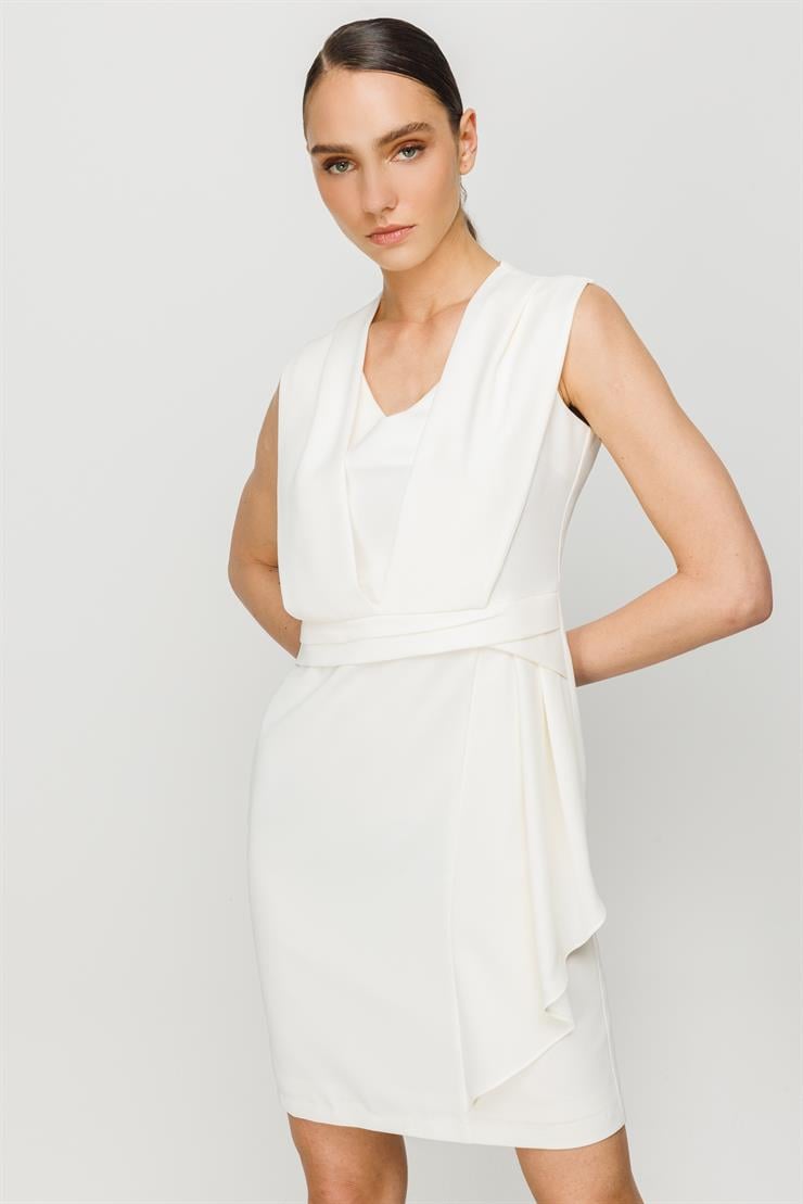 Modailgi  Kolsuz Volan Detaylı Elbise Ekru