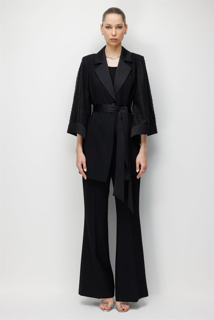 Modailgi Kolu İncili File Kumaştan Uzun Ceket - 45012