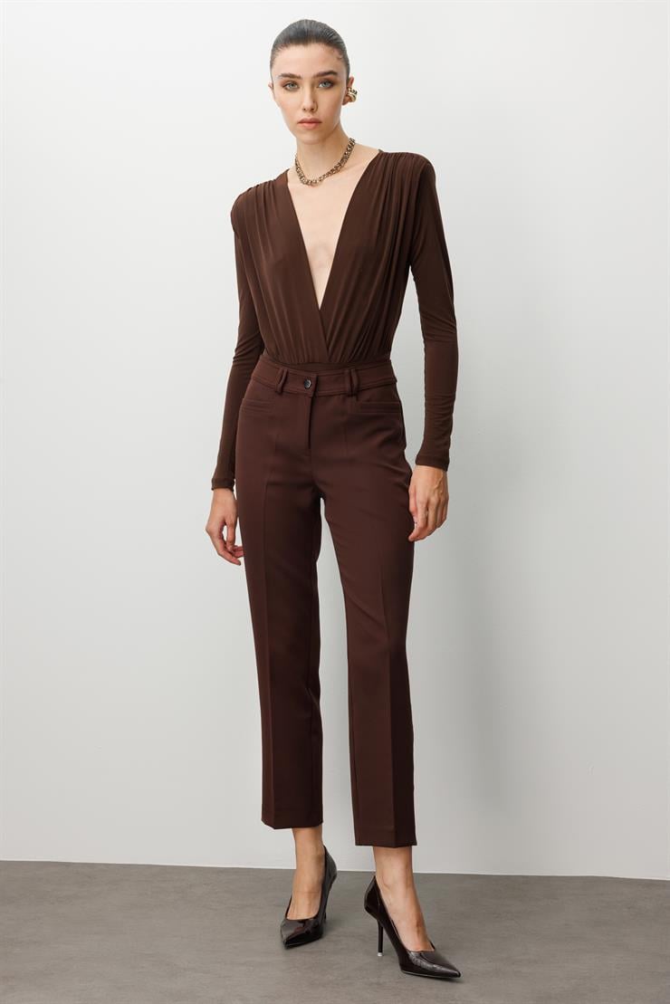 Modailgi  Köşe Cep Dar Paça Pantolon Kahve