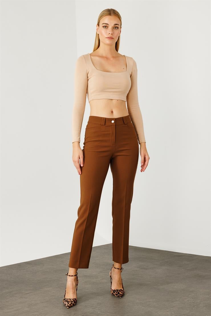 Modailgi  Köşe Cep Dar Paça Pantolon Taba