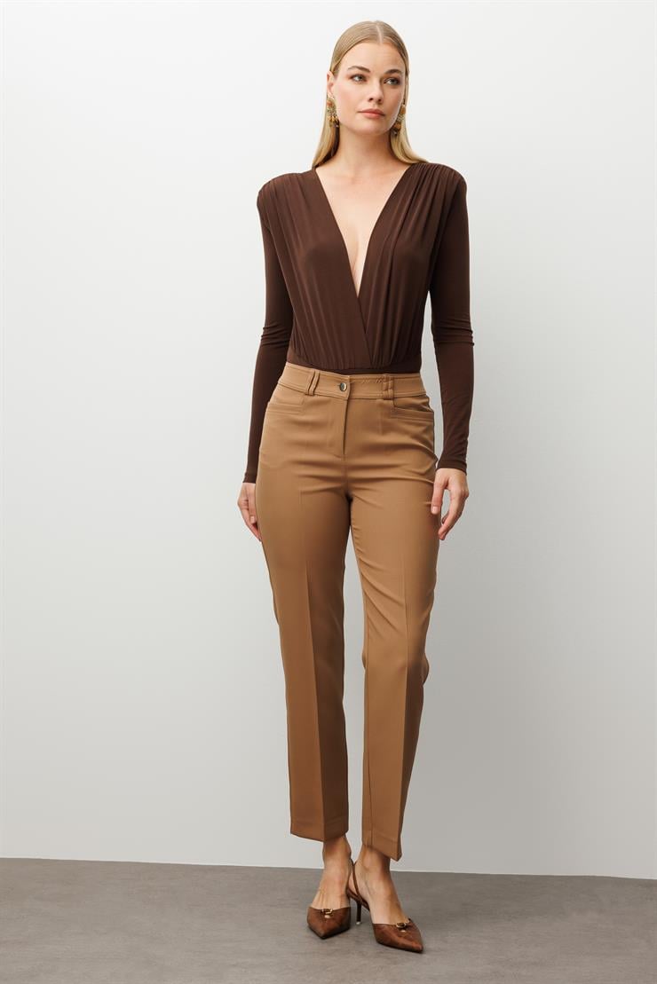 Modailgi  Köşe Cep Dar Paça Pantolon Vizon